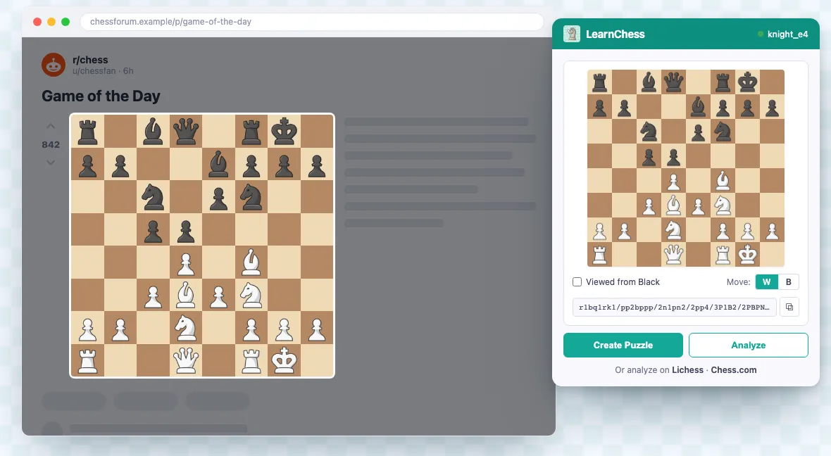 The LearnChess Chrome extension capturing a chess position in the browser