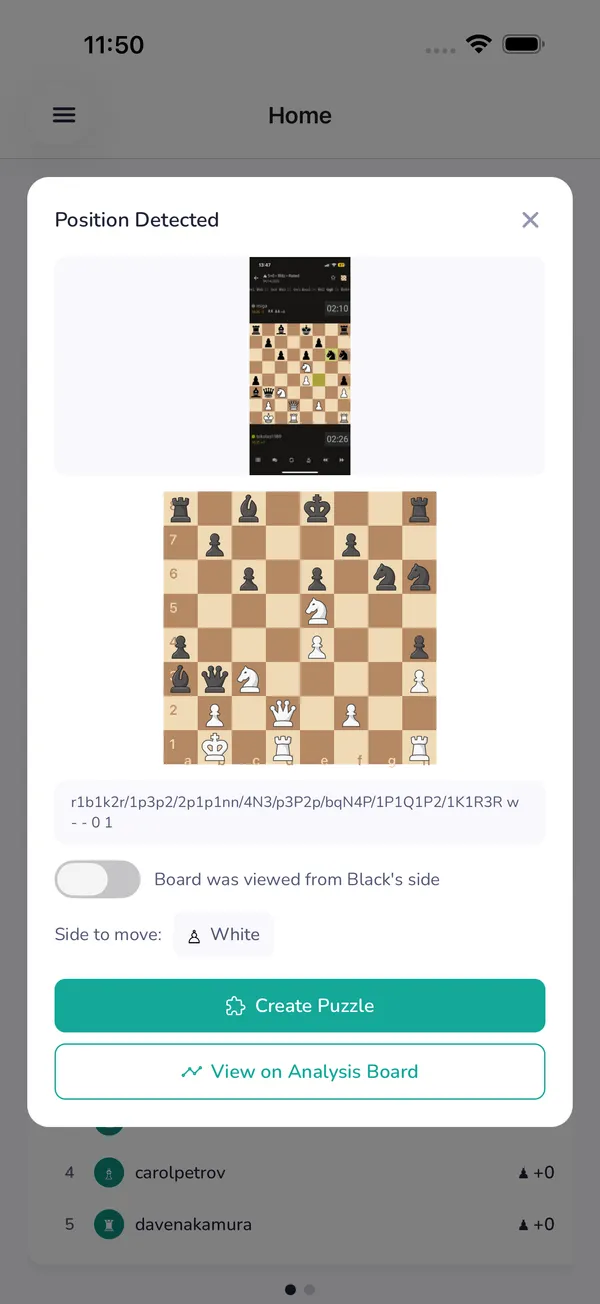 LearnChess recognizing a chess position from an uploaded screenshot